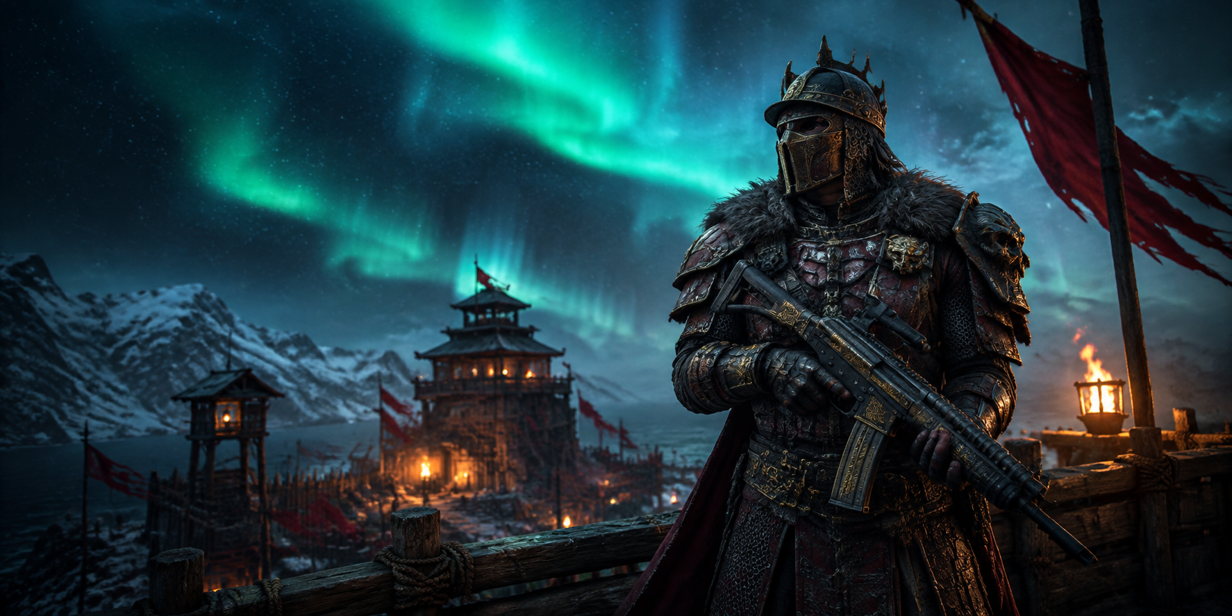 Nordic warrior overlooking a fortified outpost beneath the northern lights