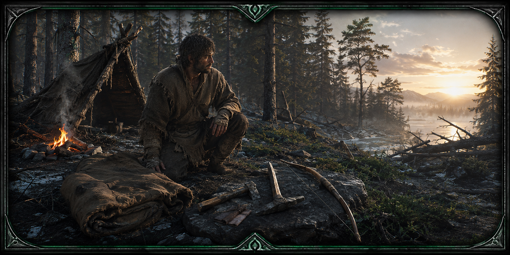 Survivor preparing beside a campfire in a Nordic forest